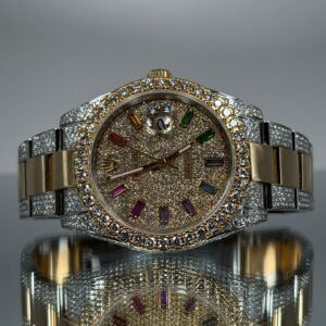 Rolex Datejust Bicolor Iced Out mit bunten Baguette Steine Zifferblatt von Vorne