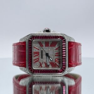 Cartier Santos 100XL iced Out mit rotem Lederarmband