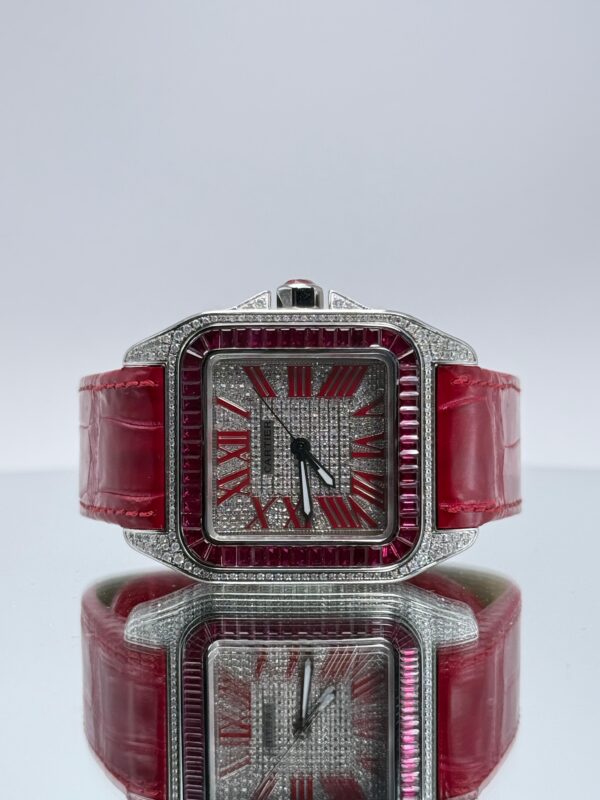 Cartier Santos 100XL iced Out mit rotem Lederarmband