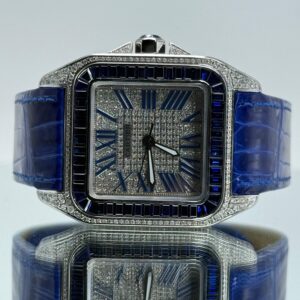 Cartier Santos 100XL iced Out mit blauem Lederarmband