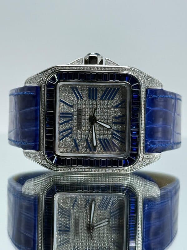 Cartier Santos 100XL iced Out mit blauem Lederarmband