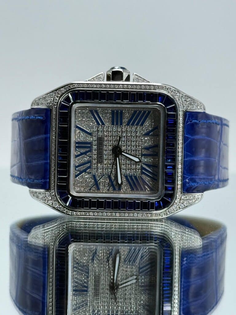Cartier Santos 100XL iced Out mit blauem Lederarmband