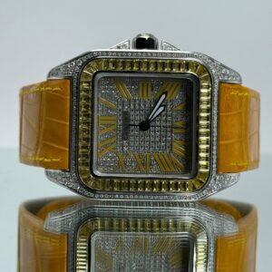 Cartier Santos 100XL iced Out mit gelbem Lederarmband