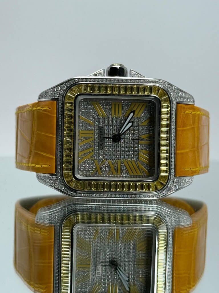 Cartier Santos 100XL iced Out mit gelbem Lederarmband