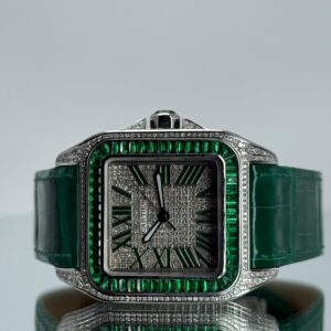 Cartier Santos 100XL iced Out mit grünem Lederarmband