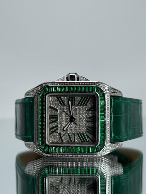 Cartier Santos 100XL iced Out mit grünem Lederarmband