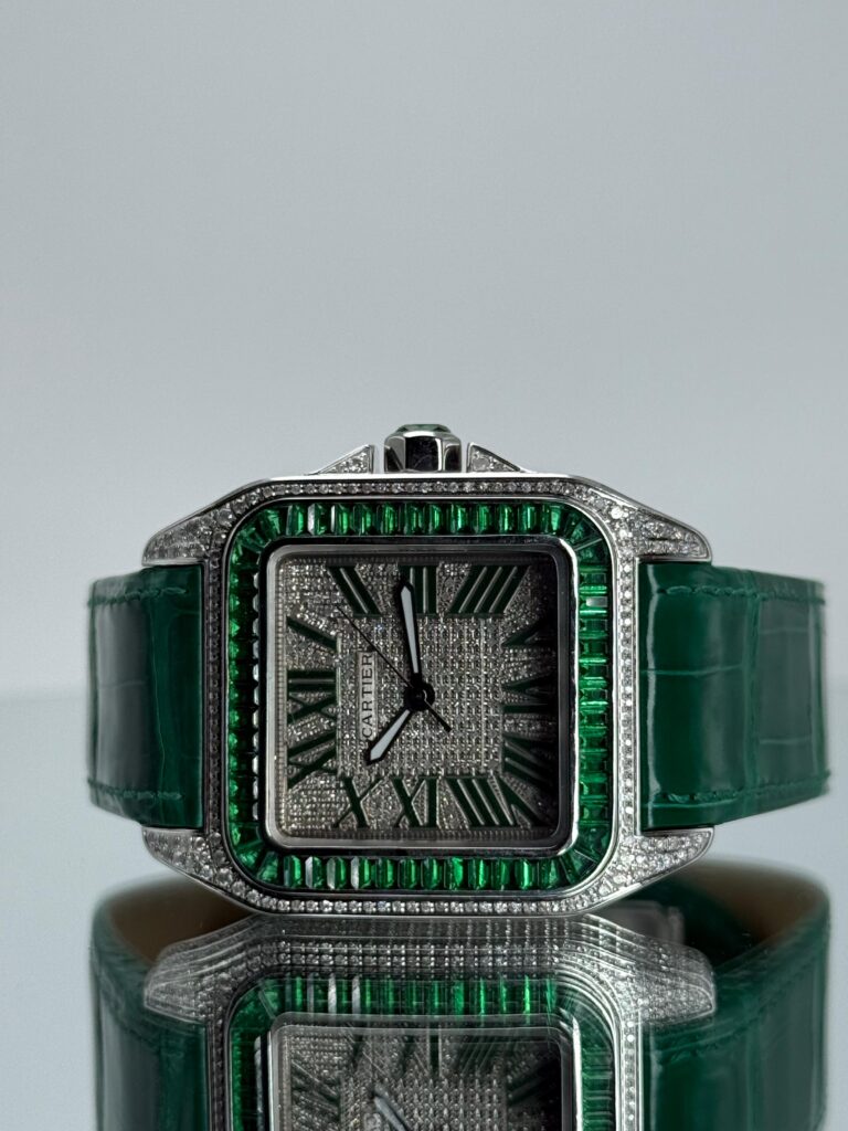 Cartier Santos 100XL iced Out mit grünem Lederarmband