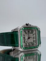 Seite von Cartier Santos 100XL iced Out mit grünem Lederarmband