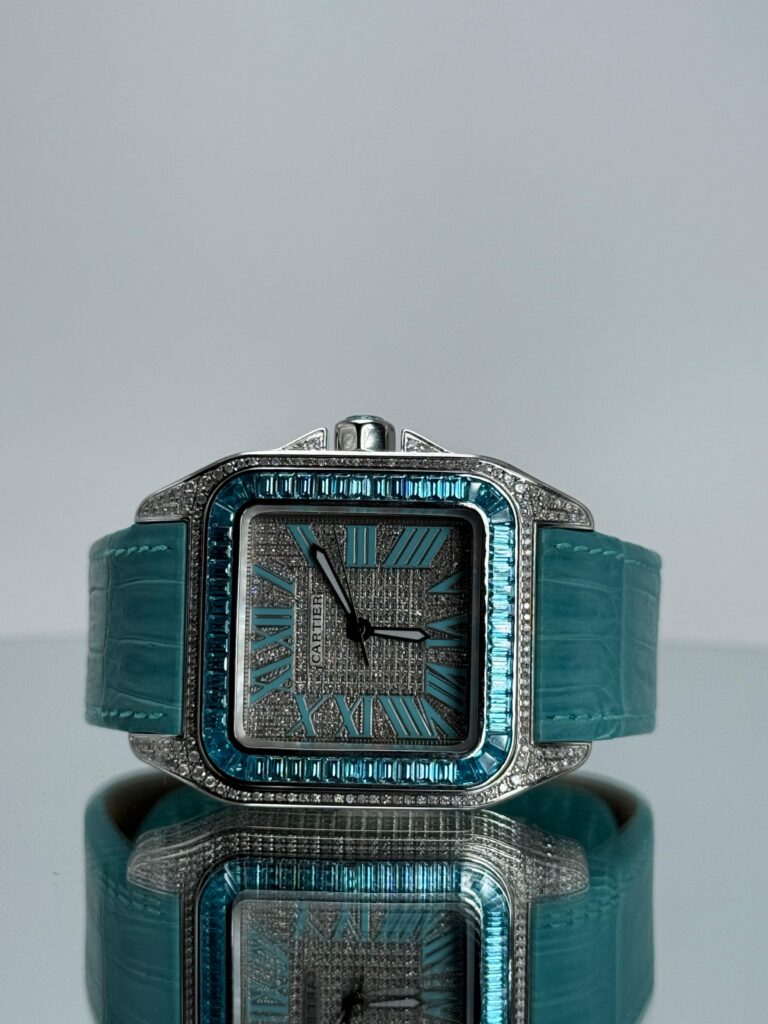 Cartier Santos 100XL iced Out mit Türkisem Lederarmband