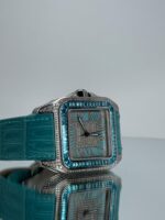 Seite von Cartier Santos 100XL iced Out mit Türkisem Lederarmband