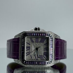 Cartier Santos 100XL iced Out mit violettem Lederarmband