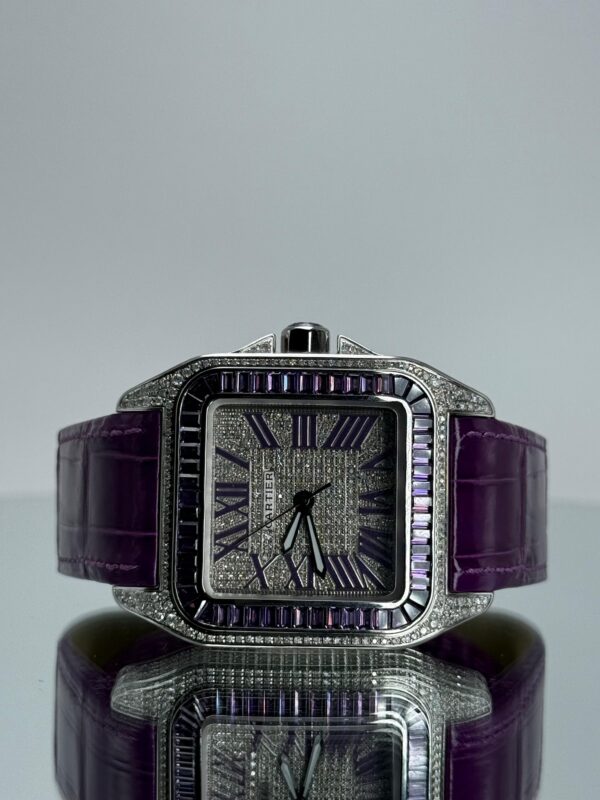 Cartier Santos 100XL iced Out mit violettem Lederarmband